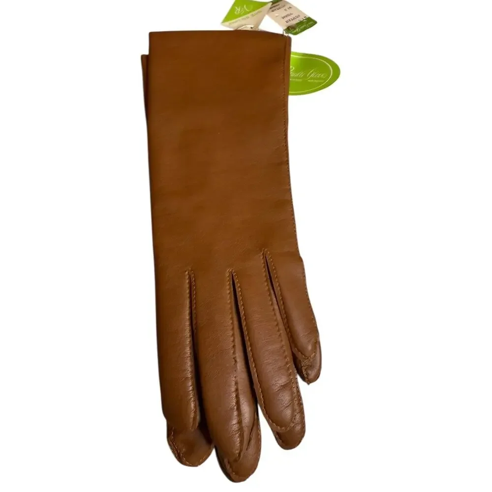 Vintage Faux Leather Silk Lined Gloves Tan M